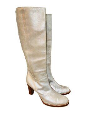 Febo Silver Metallic Leather Knee High Stack Heel Go Go Boot 10 Hippie 60s Retro